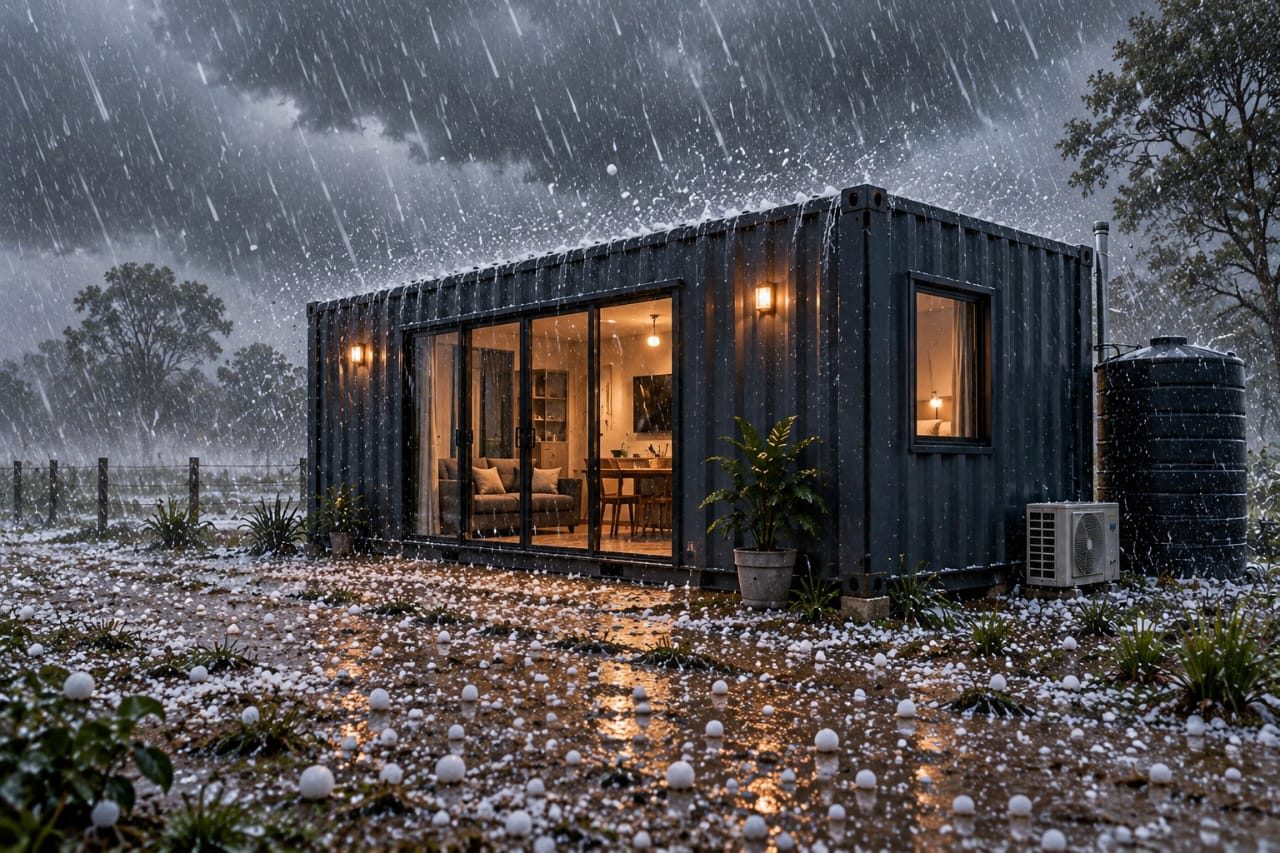 Casa em container durante tempestade de granizo