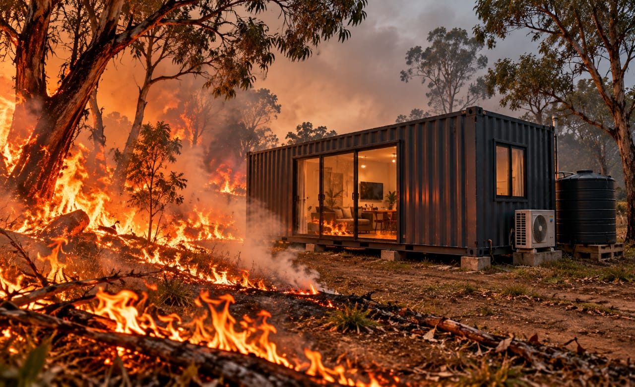 Casa em container ao lado de incêndio em vegetação, com a estrutura de aço sem propagar as chamas